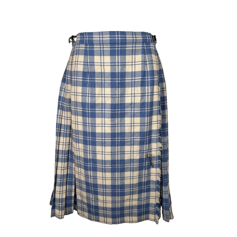 Scottish Sportswear 100% Wool Made in Scotland blue plaid kilt Womens 26-28